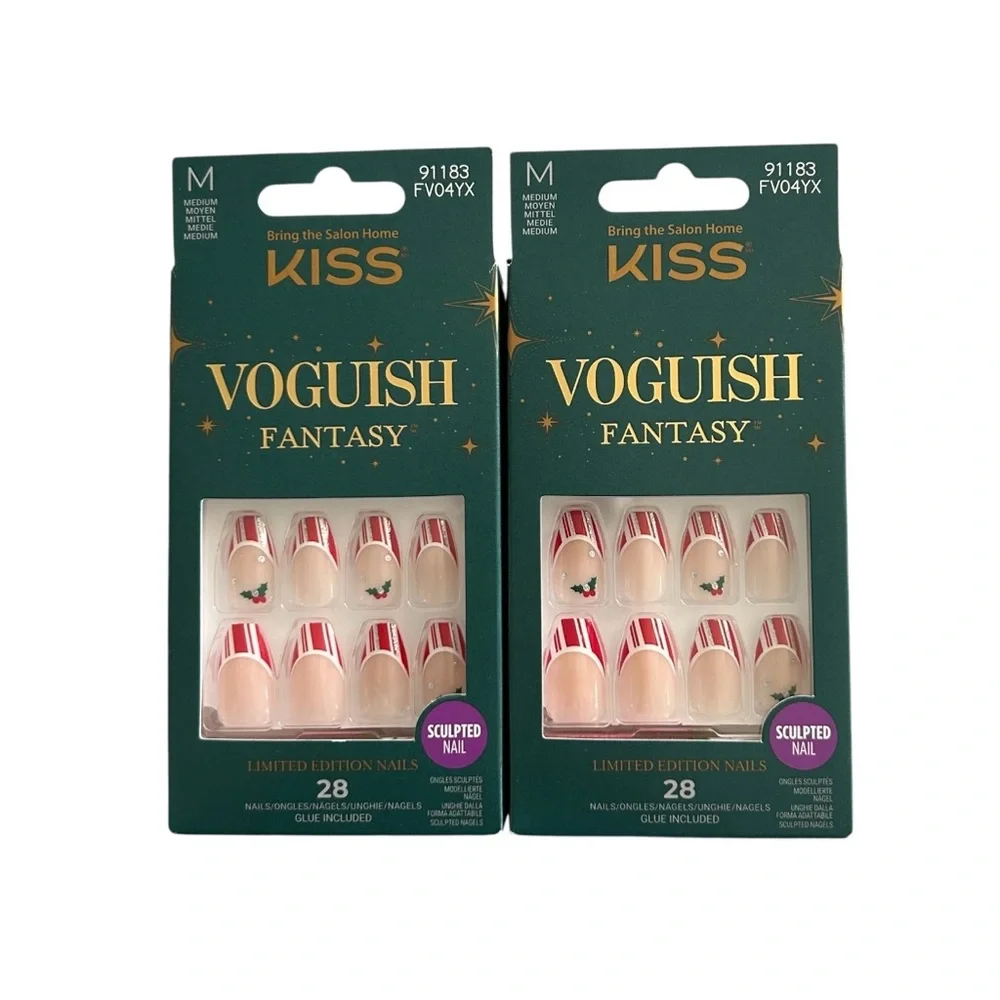 KISS Press on nails 2 sets Limited Ed. Voguish Fantasy Candy cane Holly w/glue